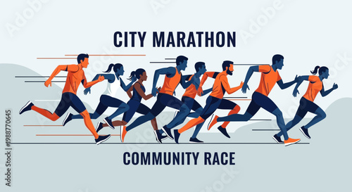 Vibrant runners sprinting in city marathon celebrating community race event depiction