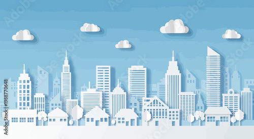 Urban Landscape Paper Cut illustration, City Skyline With Clouds Minimalistic Vector Design