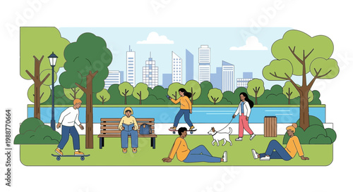 Urban Park Scene Showcasing Leisure Activities With People And Various Recreational Pursuits