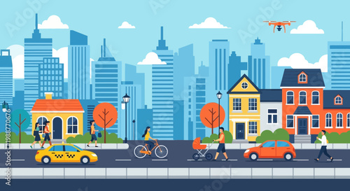 Urban Scene Depicting Modern Life, City Dwellers, and Drone Technology Illustration