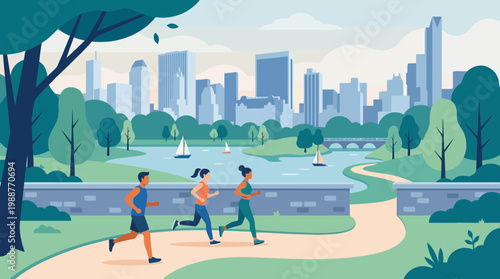 Urban Park Runners Enjoying Their Athletic Pursuits with Cityscape Backdrop Illustration