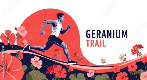 Vibrant Athlete Conquers Geranium Trail Amidst Blooming Flora Abstract Art