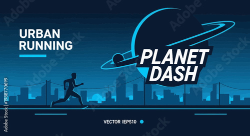 Urban Planet Runner: Futuristic City Silhouette Illustration and Fitness Concept