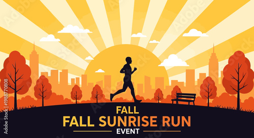 Vibrant Autumn Sunrise Jogging Event Illustration With Cityscape Backdrop