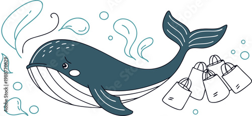 Sad cartoon whale swimming with plastic shopping bags in the ocean