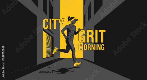 Urban Run: Energized Woman Sprinting Through City, A Concept Of Morning Fitness.
