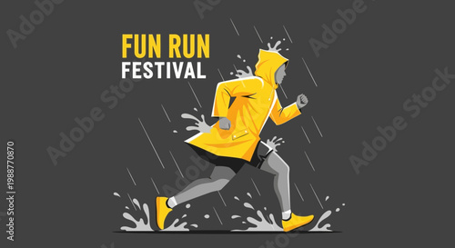 Vibrant Illustration of a Fun Run Festival Featuring a Runner in Yellow Rain Gear