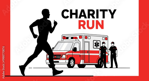 Vibrant Charity Run Illustration Featuring Runner, Ambulance and First Responders with a dynamic