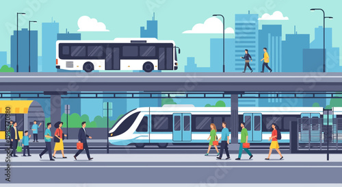 Urban Transit System: Illustrative Scene of Bus, Train, and Pedestrian Activity in a City