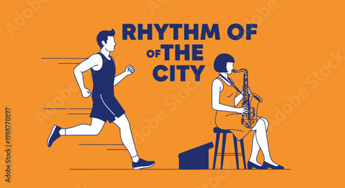 Urban Symphony: Jogger and Saxophonist Illuminate the Energetic Rhythm of Metropolitan Life