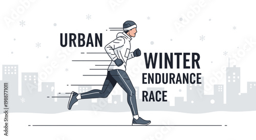 Urban Winter Race Illustration Featuring A Runner in Motion With City Skyline Backdrop