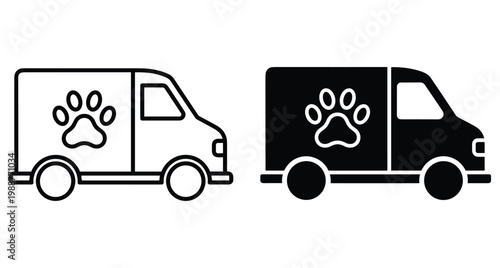 Pet delivery van icon set featuring animal transport vehicle with paw print symbol for veterinary services grooming mobile clinic rescue