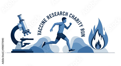 Vaccine Research Charity Run With Illustrations Of A Microscope, Runner, And A Flame,