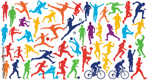 Vibrant Silhouettes of Dynamic Athletes in Action Depicting Diverse Sports and Activities