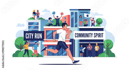 Vibrant City Run Illustration Featuring Community Spirit and Active Lifestyle