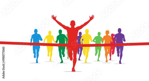 Vibrant Marathon Runners Celebrate Victory Reaching The Finish Line With Enthusiasm Symbol