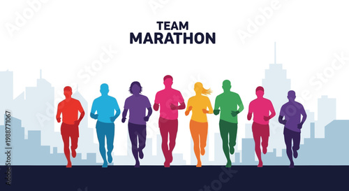 Vibrant Marathon Team Silhouette Running Towards a Diverse Metropolis Skyline