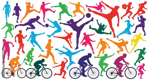 Vibrant Silhouettes Showcasing Sport Activities, Cycling, Running, And Dynamic Movement