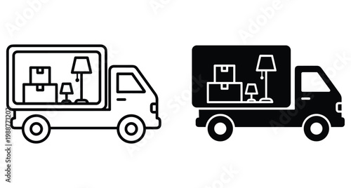 Moving truck icon set showing delivery van carrying cardboard boxes and household furniture lamps for relocation service logistics and transport