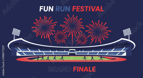 Vibrant Illustrated Fun Run Festival Celebrating Athletic Competition With Fireworks Show
