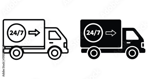 Delivery truck icon set showing twenty four seven service with arrow symbol for fast shipping logistics and transport business