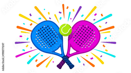 Vibrant Paddle Tennis Duo Illustration with Festive Burst and Colorful Confetti