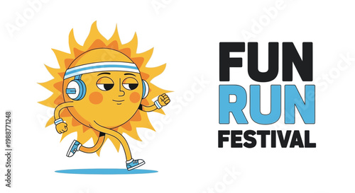 Vibrant Sun Mascot Running for Fun Run Festival Event with Cheerful Expression