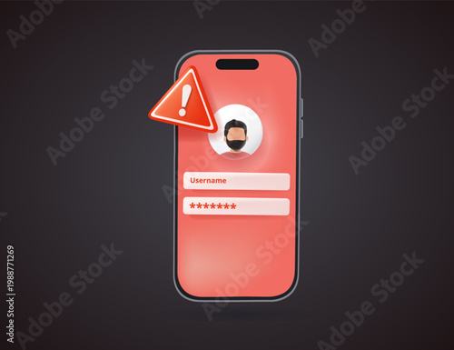 Login security alert on mobile phone, 3D vector illustration. Cyber security concept, warning notification about unauthorized access. Smartphone screen with scam, hacking message. Vector illustration