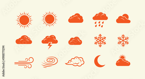 Weather Forecast Vector Icon Set Featuring Sun Clouds Rain Snow Wind Storm and Moon Illustrations