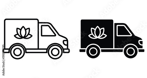 Delivery truck icon set with lotus flower logo for organic shipping eco friendly transport service floral delivery van vector illustration