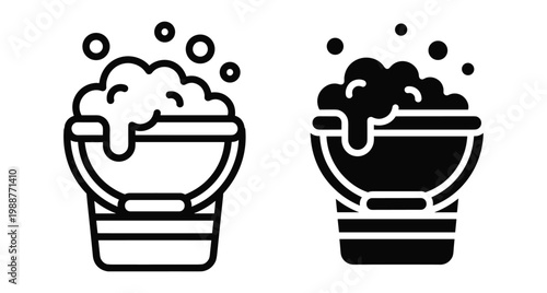 Cleaning bucket icon set with soap bubbles and foam for household chores laundry washing service maintenance and sanitation equipment symbols