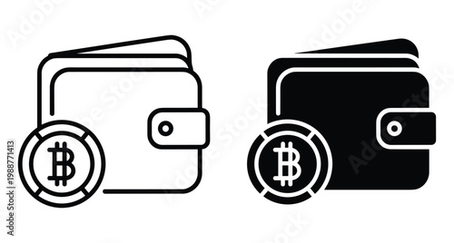 Bitcoin wallet icon set featuring outline and solid styles for cryptocurrency storage digital finance electronic payment and blockchain technology transactions