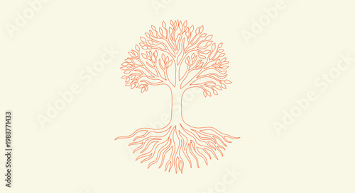 Orange Tree of Life Line Art Illustration with Roots and Leaves for Nature and Wellness Design