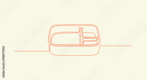 Single Line Art Illustration of a Plastic Bento Lunch Box for School and Office Meal Storage