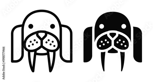 Walrus head icon set featuring minimalist outline and solid black silhouette designs with tusks and whiskers for animal logo branding