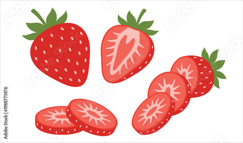 Fresh ripe strawberry fruit collection featuring whole half and sliced pieces on white background