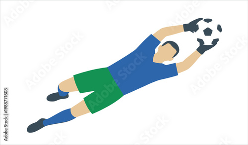 Goalkeeper jumping to catch a soccer ball in a flat minimalist style vector illustration graphic