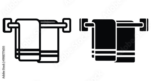 Bathroom towel rack icon set with hanging towels in outline and solid black styles for home interior design and hygiene