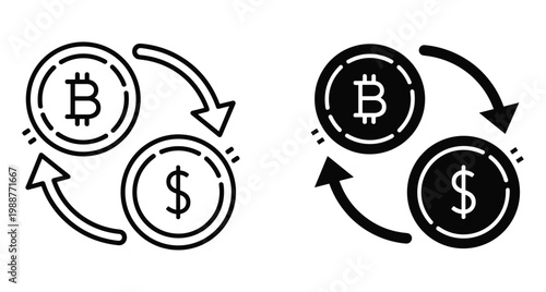 Bitcoin to dollar currency exchange icon set with circular arrows representing crypto conversion digital finance trading and money transfer