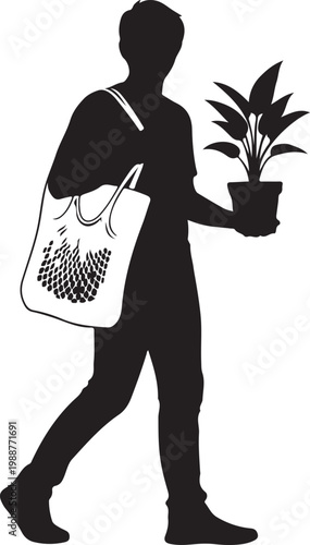 Black vector silhouette of a man walking while carrying a reusable eco bag and a potted plant representing sustainable lifestyle and environmental consciousness