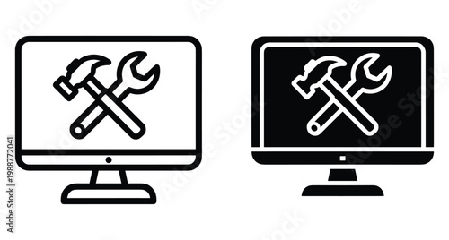 Computer repair service icon set featuring crossed hammer and wrench on monitor screen for technical support maintenance and IT hardware troubleshooting