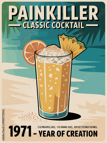 Retro cocktail poster with Tropical drink sits on sandy shore. Orange slice and pineapple garnish top the glass. Coco nuts and ice float in golden liquid. Ocean waves crash gently behind the glass