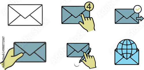 Email communication stages sending receiving and interaction icons