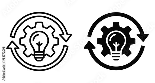Innovation process icon set featuring lightbulb inside gear with circular arrows representing creative development workflow and continuous improvement cycle system