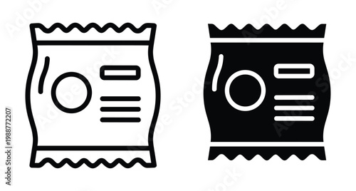 Snack bag icon set showing plastic pouch packaging for chips or candy in outline and solid black flat vector style
