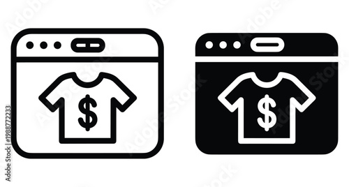 Online clothing store icon set featuring web browser window with t shirt and dollar sign for e commerce and digital fashion retail