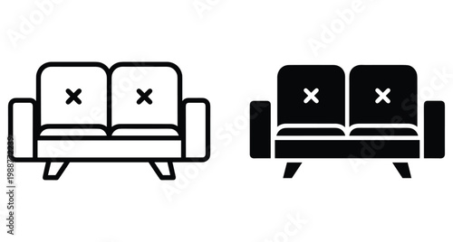 Sofa icon set featuring outline and solid black couch symbols for interior design furniture seating and home decor web interface