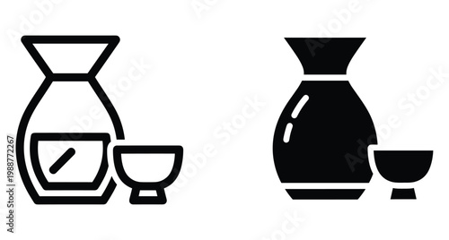 Traditional Japanese sake bottle and cup icons featuring tokkuri carafe and ochoko ceramic bowl in outline and solid glyph styles