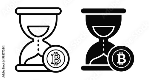 Bitcoin cryptocurrency hourglass icon set representing digital finance time management investment duration mining process waiting for transaction confirmation and market volatility