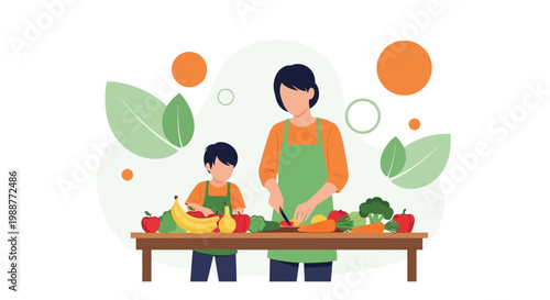 Mother and child cooking healthy food together, chopping vegetables and fruits in kitchen